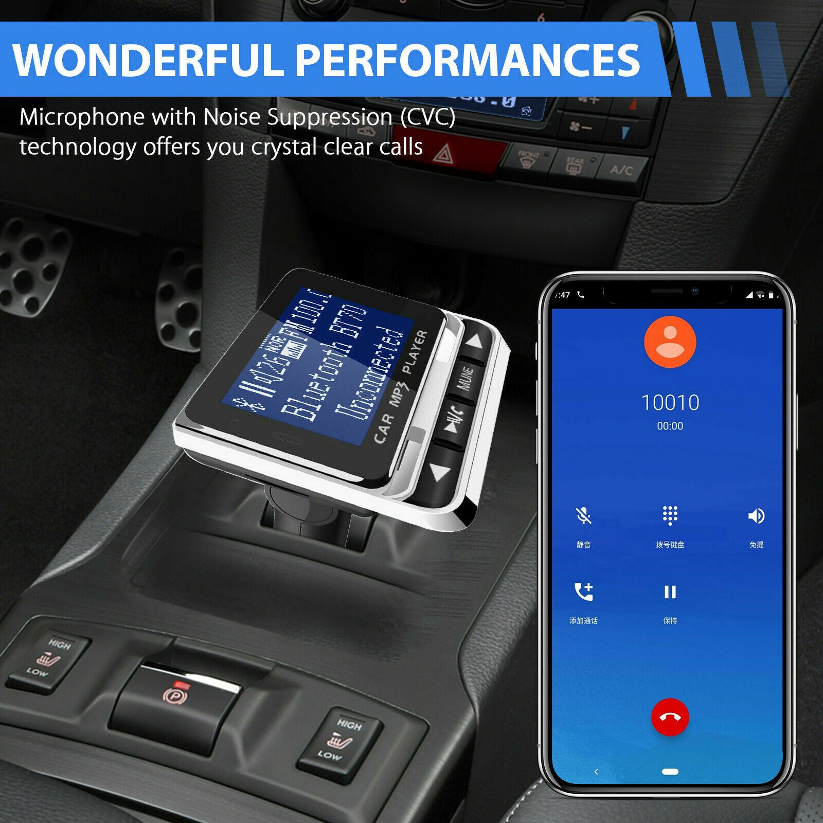 Bluetooth Wireless Car FM Transmitter Aux USB Charger Hands-Free Call 1.4 inch