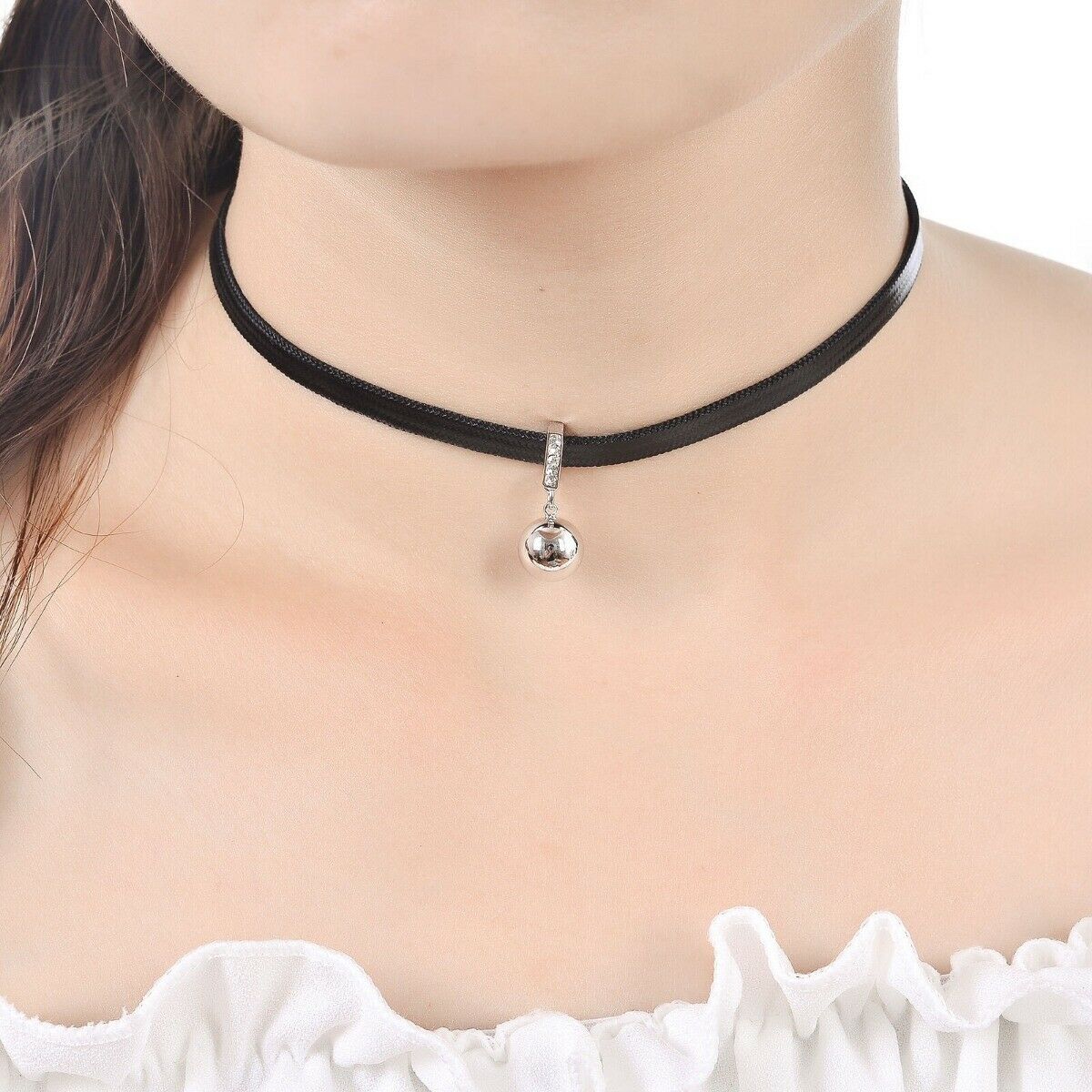 90's Sexy Black Leather 10mm Ball Bead Charm Pendant Choker Necklace Cord Gifts