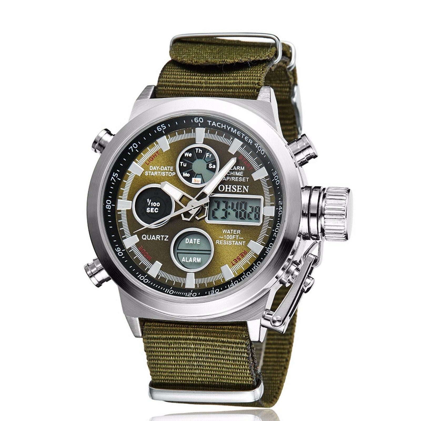 Men Military Army Green Sport Analog Digital Quartz Nylon Canvas Wrist Watch