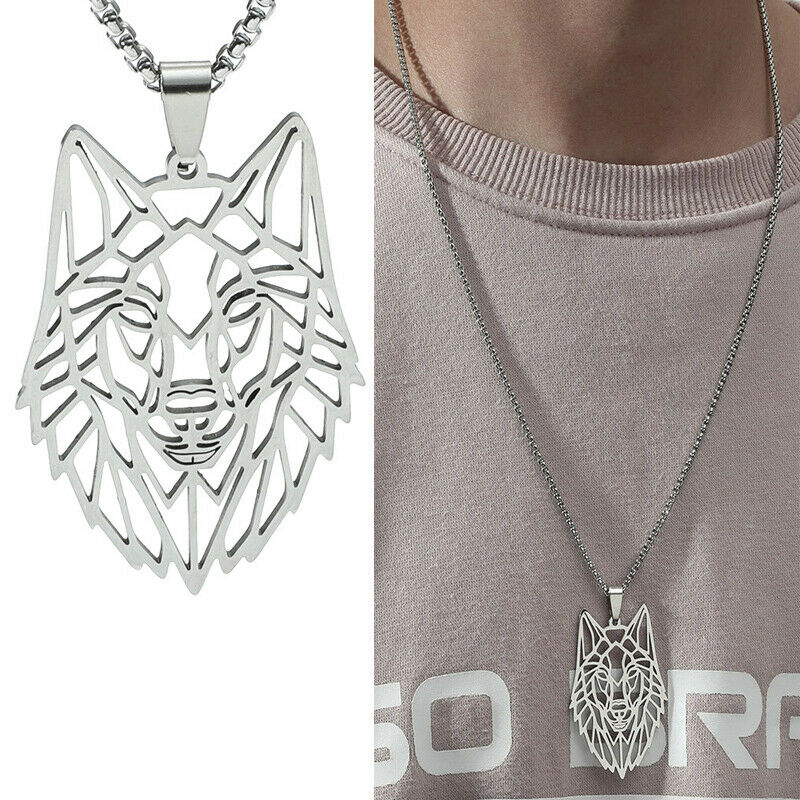 Stainless Steel Hollow Wolf Head Necklace Punk Charm Animal Pendant Jewel.l8