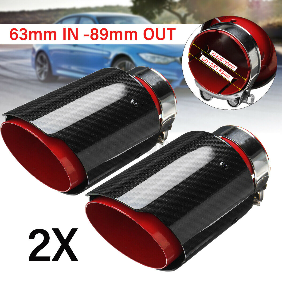 2x 2.5'' 63mm-89mm Carbon Fiber Car Exhaust Pipe Tip Trim Muffler End   +