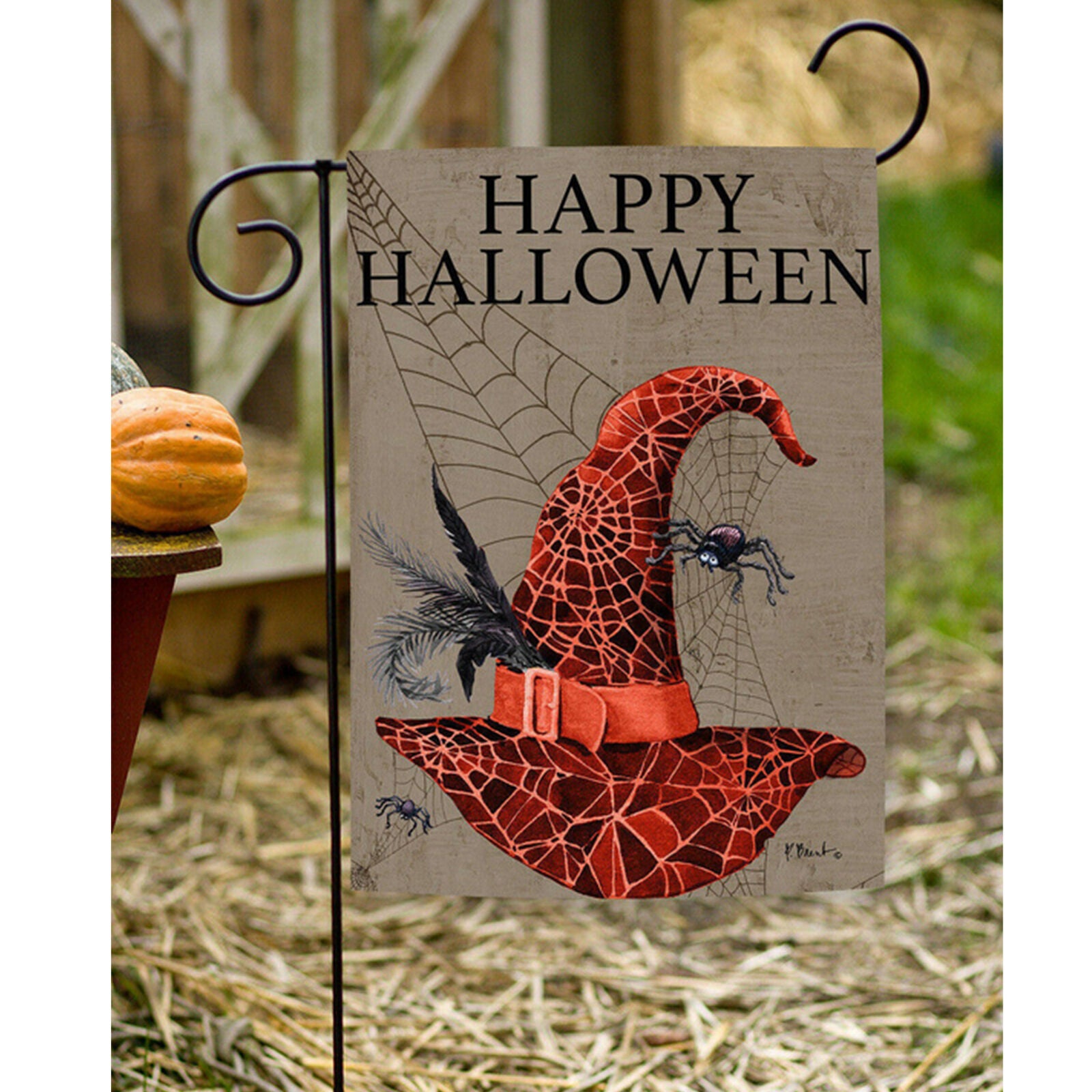 Toland Happy Halloween Hat 12.5 x 18 Spooky Witch Spider Web Garden Flag