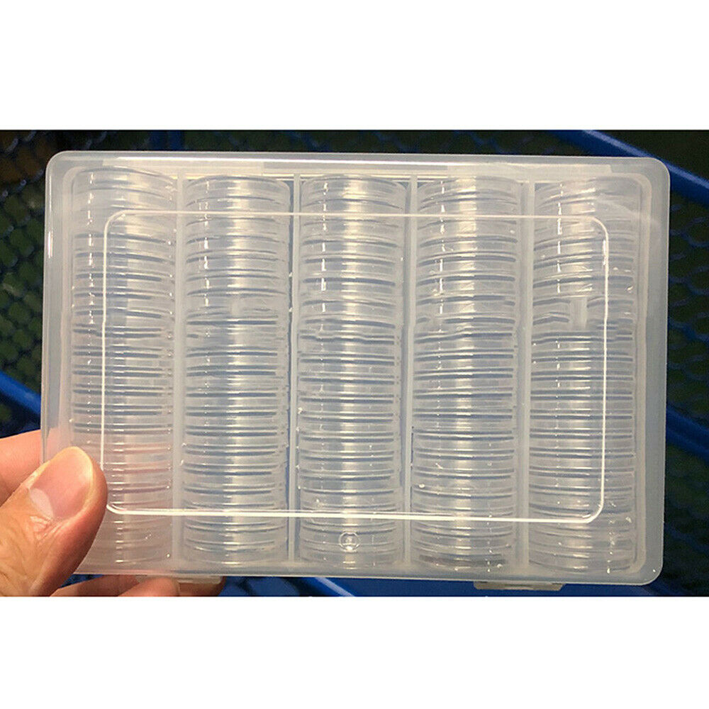 100Pcs 22.25mm Clear Coin Capsule Organizer Collection Holder Case + Storage Box