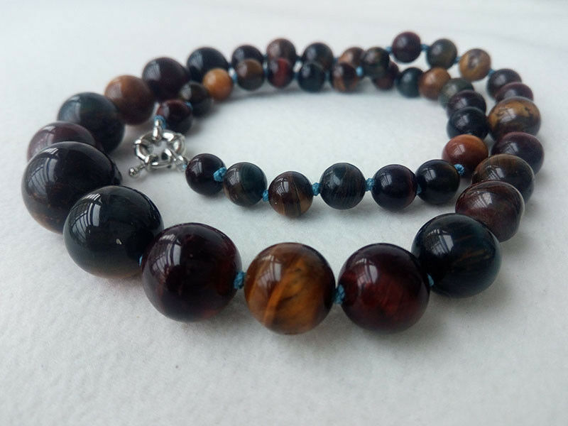 New 6-16mm red yellow blue mixed tiger's eye necklace round Graduated smooth