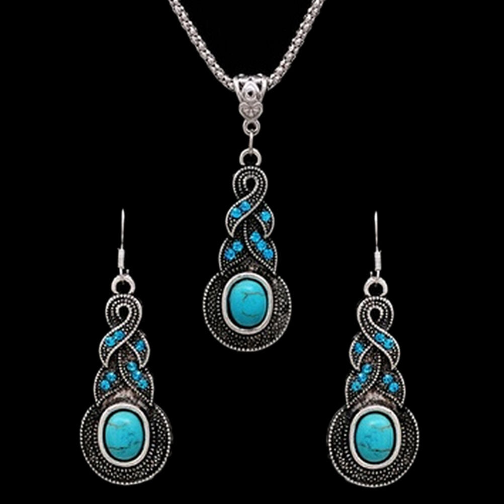 Elegant RetroBDurquoise Dangel Hook Earrings & Necklace Jewelry S.l8
