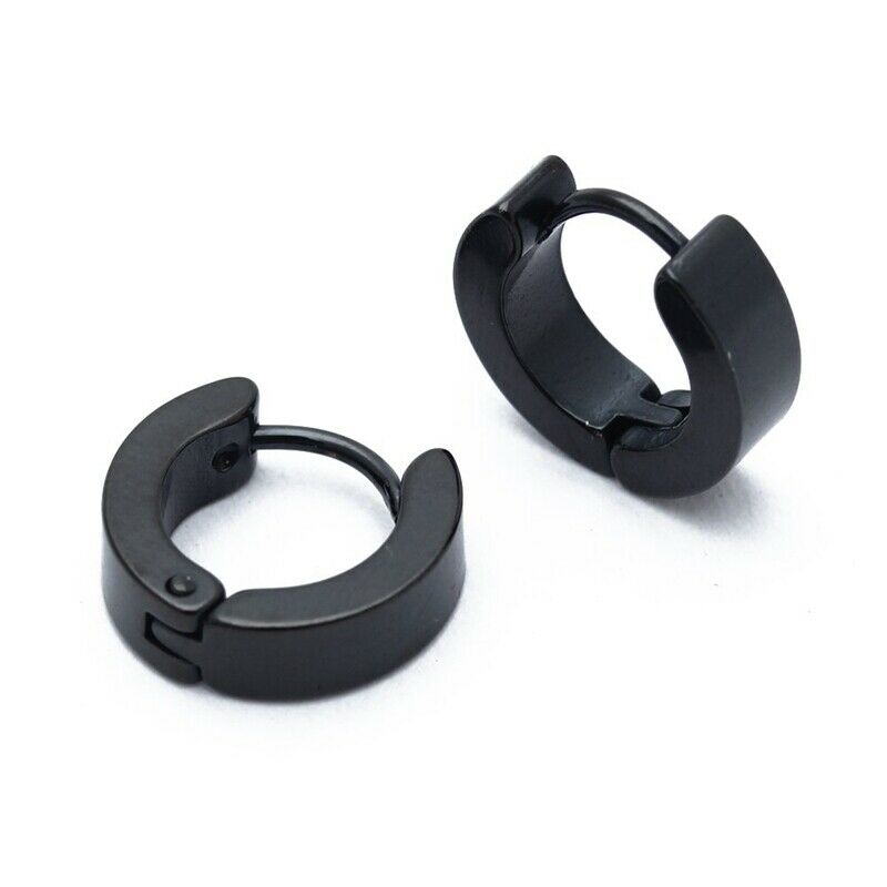 Pair Men's Hoop Huggie Ears Titanium Steel 4mm x 9mm Black R6Z5