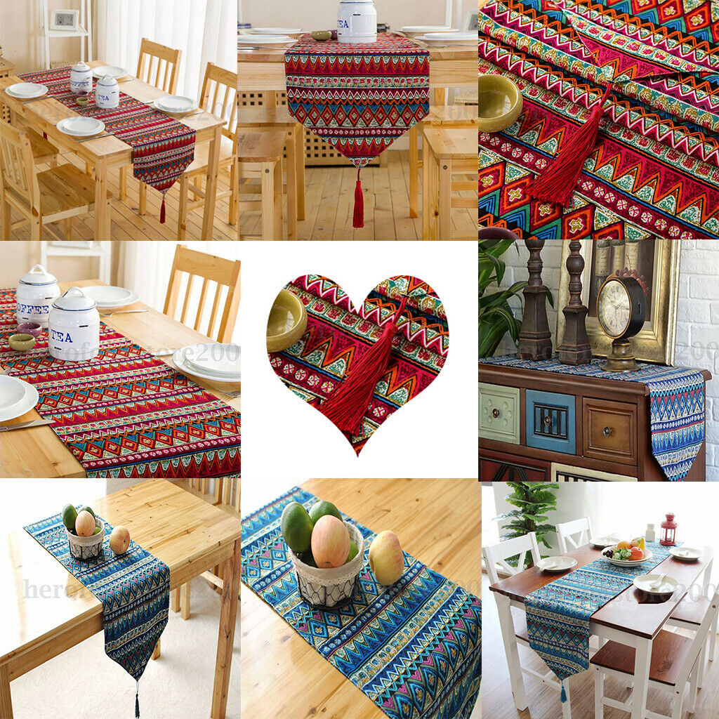 30 * 220cm Bohemian Table Tassel Cotton Tablecloth Cover Mat Decoration-red