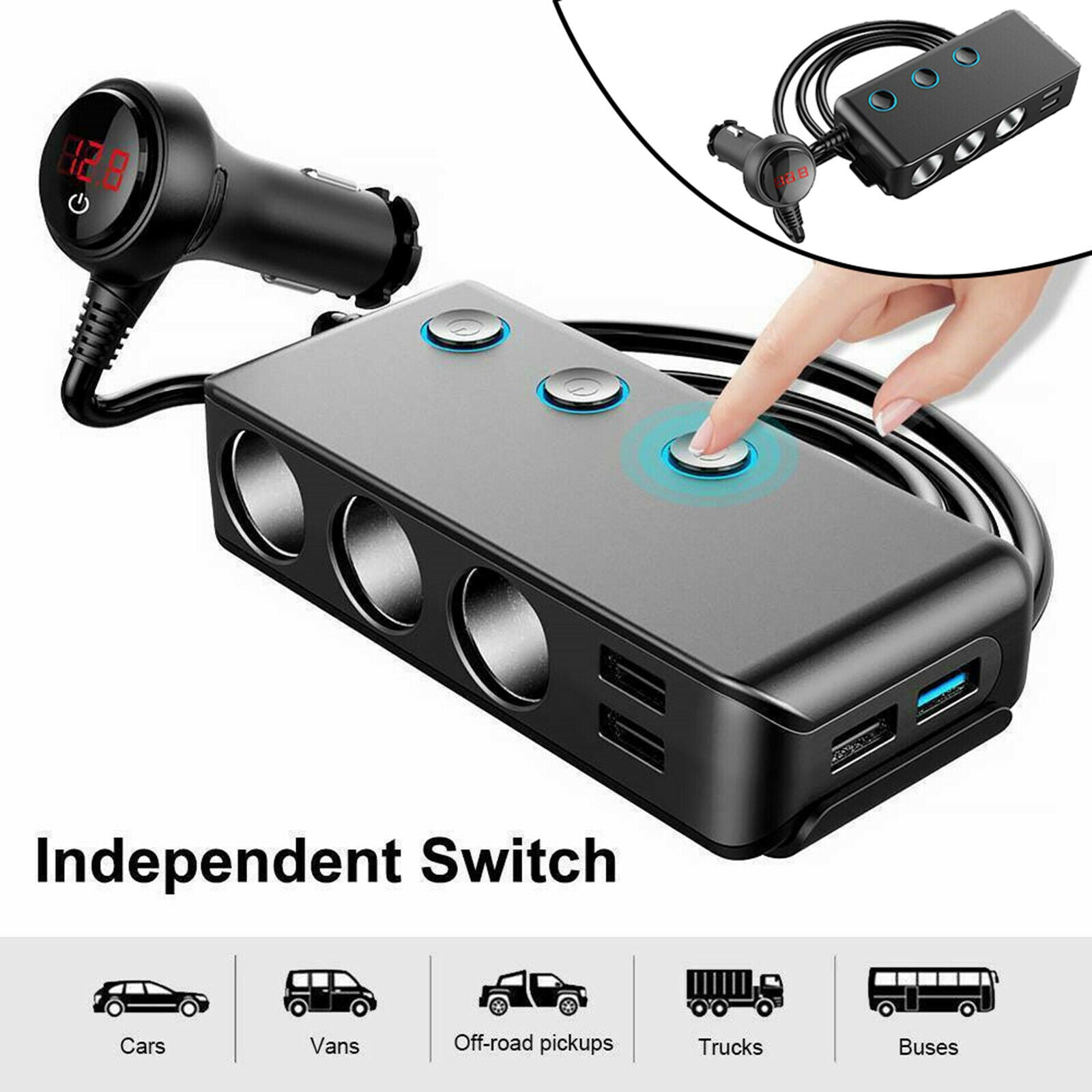 Car Charger Extension Cigarette Lighter Adapter 3-Socket Splitter Black