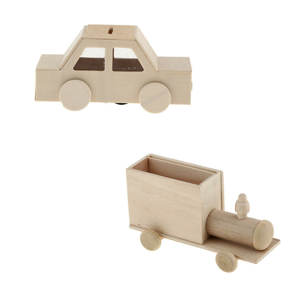 2Pcs Wooden Train/Car/House/Photo Frame Shapes Unfinished Wood Pen Holder Kids