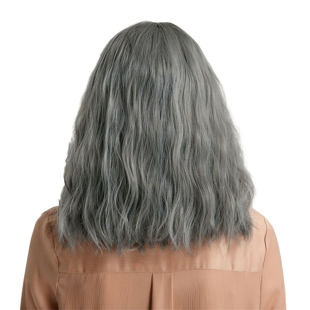 16'' Grayish Blue Female Meidum Wavy Bob Wig Synthetic Anime Wigs With Bangs
