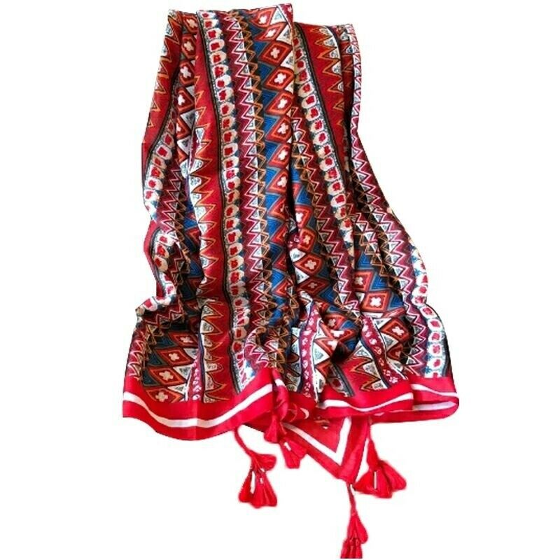 Ladies Boho Scarves Shawl Wrap Bohemian Ethnic Tassel Fringe Beach Towel Red