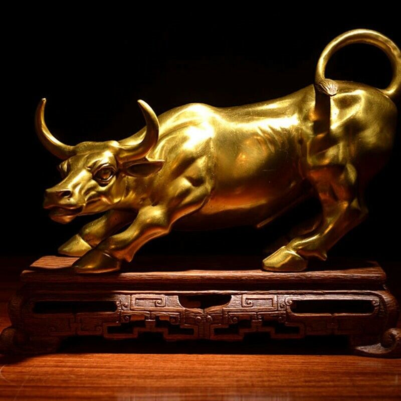 Feng Shui Fortune Brass Bull Statue, Sculpture Home Decoration Golden CopperA3M7