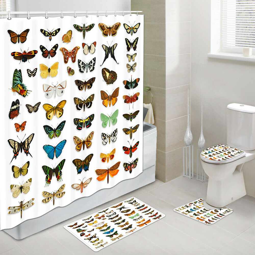 Different Kinds of Butterflies Shower Curtain Rug Toilet Lid Seat Cover 4PCS-Set