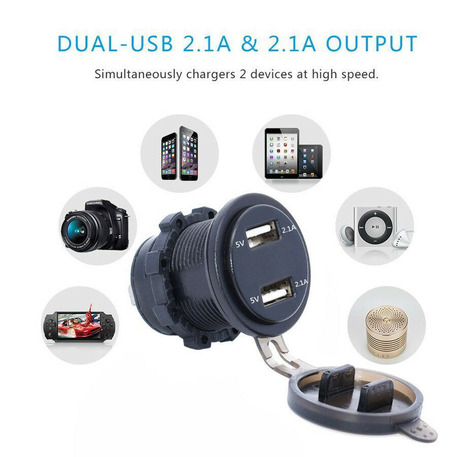 12-24V Car Motorcycle 4.2A Dual USB Charger Socket with Red LED Voltmeter &Cable