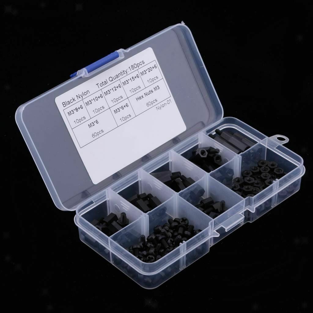 180Pcs Nylon M3 M-F Black Screw Nut Assorted Hex Spacers Stand-off Kit Set + Box