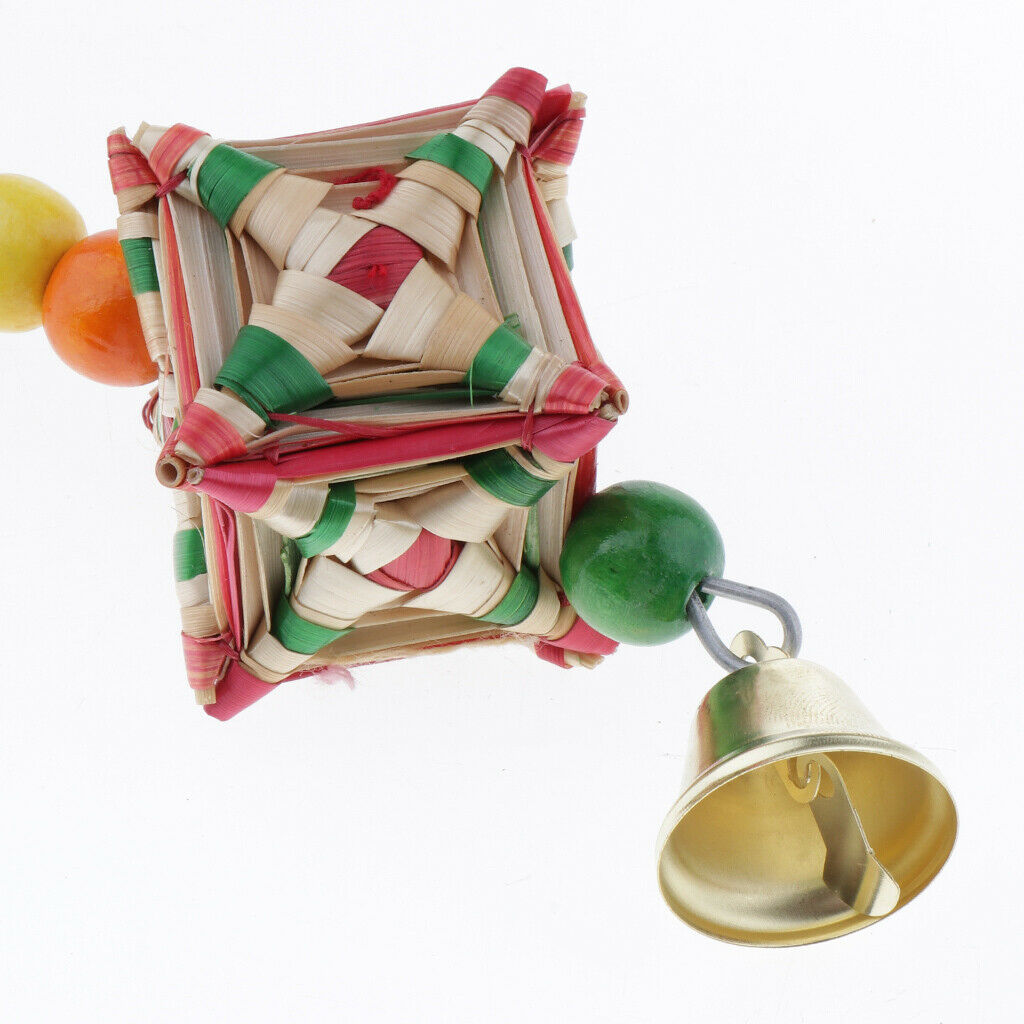 Natural Straw Bird Chewing Toys with Bells Hanging Parrot Toys Bird Cage Pendant