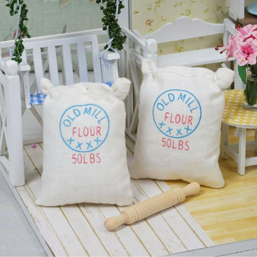 1/12 Simulation Two Bags Flour Sack Rolling Pin Kitchen Room Ornaments