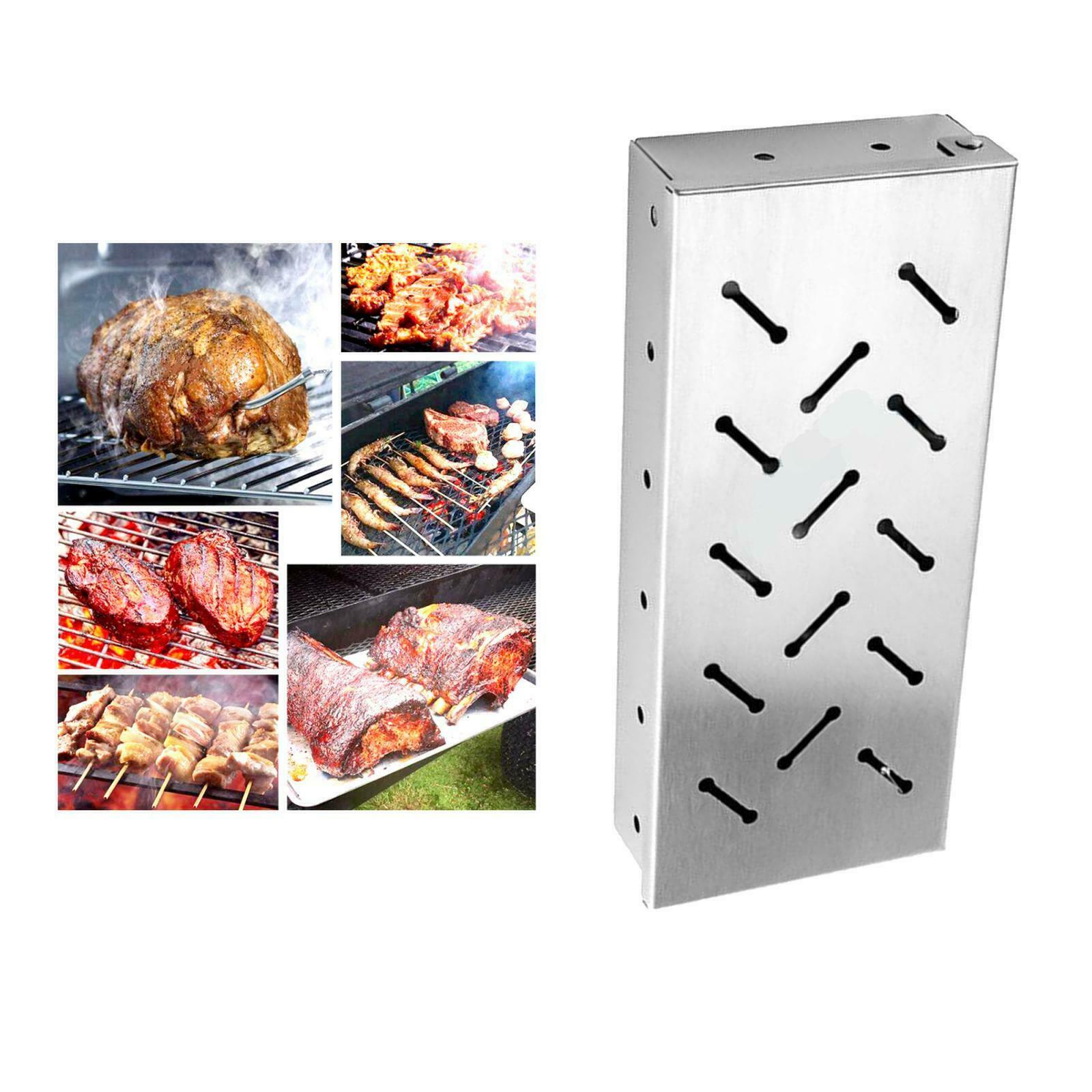 Stainless Steel Smoker Box Charcoal Gas Grill Hinged Lid for Meat Smoking