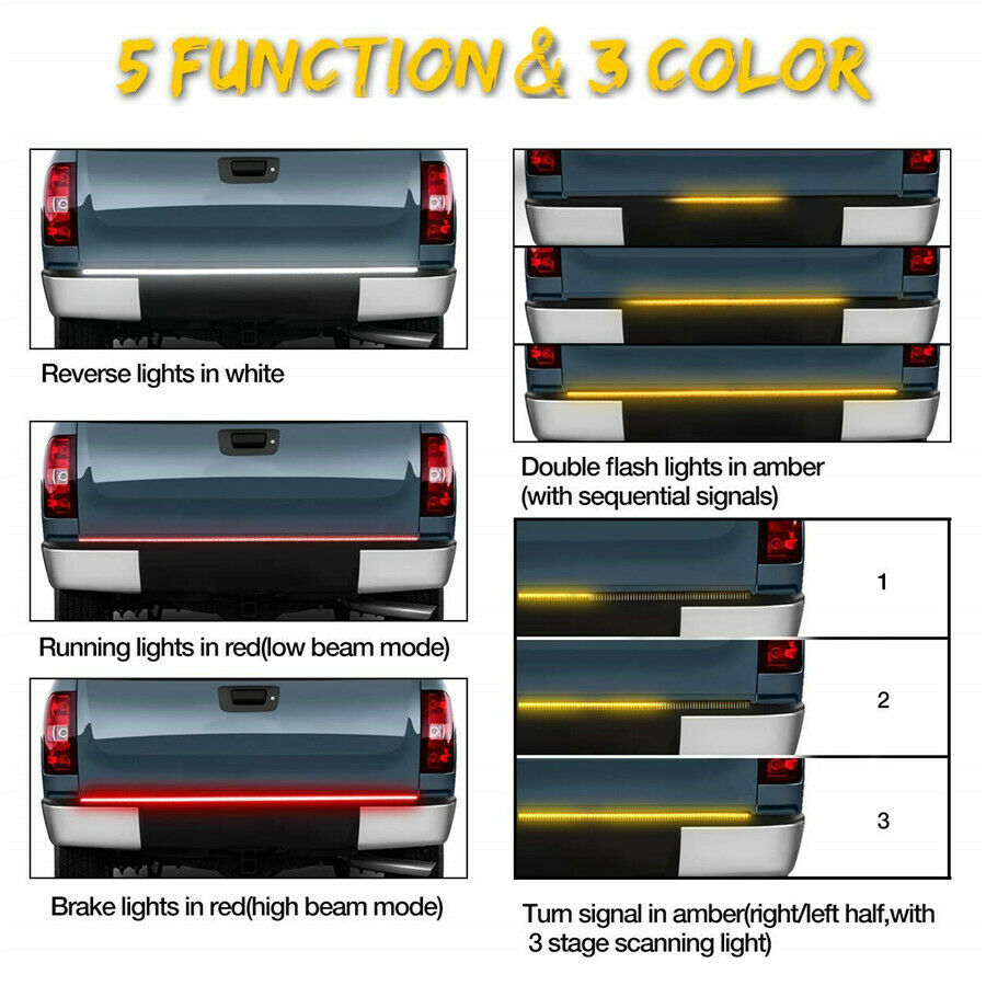 60" Triple Row LED Tailgate Light Bar 5 modes Reverse Brake Turn Signal light