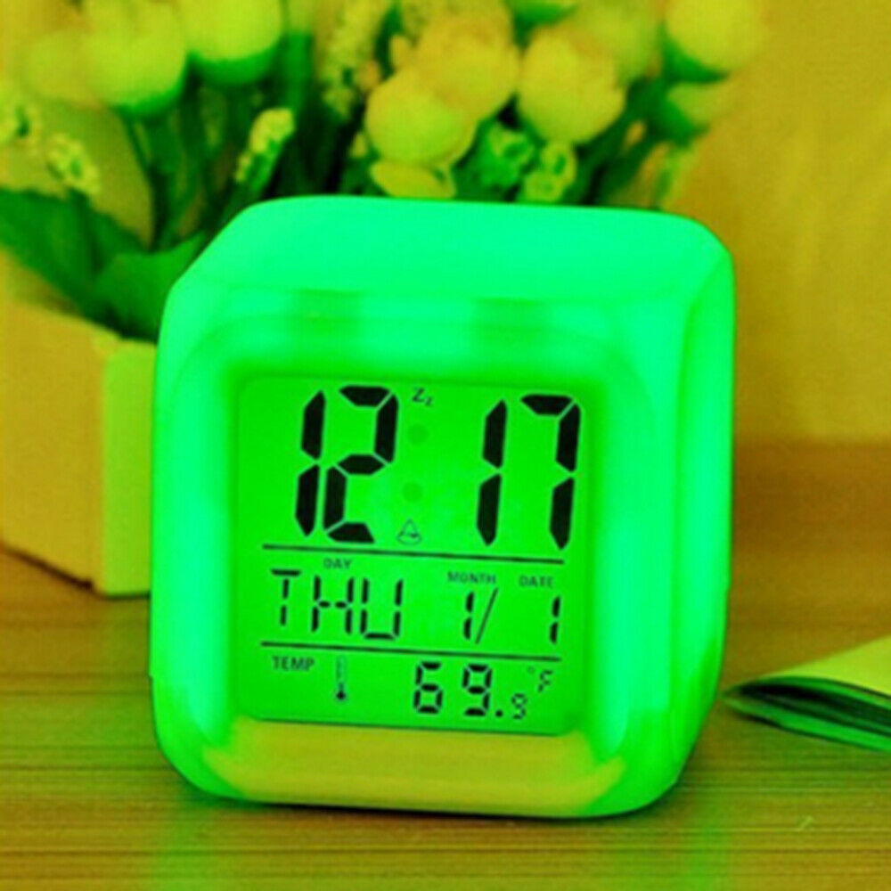 7 Color Glowing Change LED Digital Alarm Clock Thermometer Table Cube Clock Time
