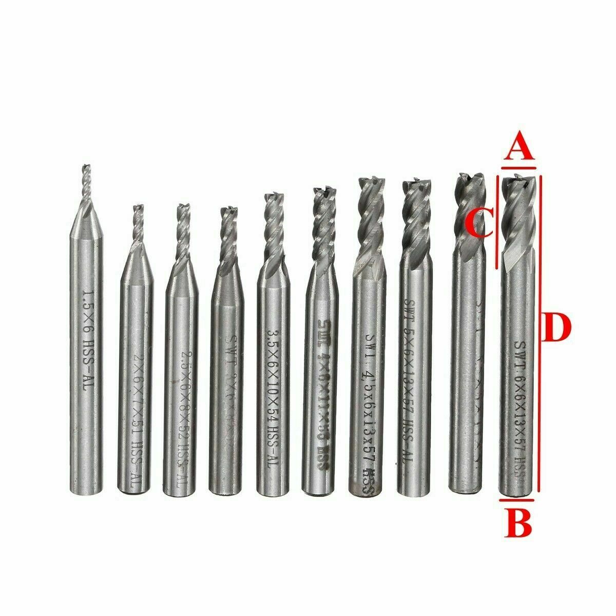 10pcs/set 1.5-6mm HSS Straight Shank 4 Flute End Mill Cutter CNC Drill Bit Tool