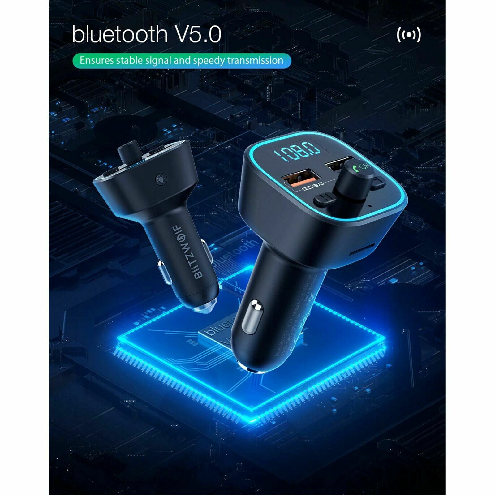 Blitzwolf BW-BC1 Bluetooth Car Kit Hands Free FM Transmitter QC 3.0 USB Charger