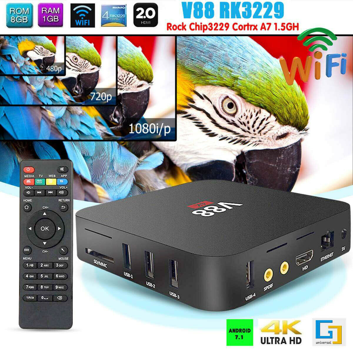 Smart TV Box V88 4K UHD 2.4GHz Wifi Android 7.1 Quad Core Player US Plug  BS5