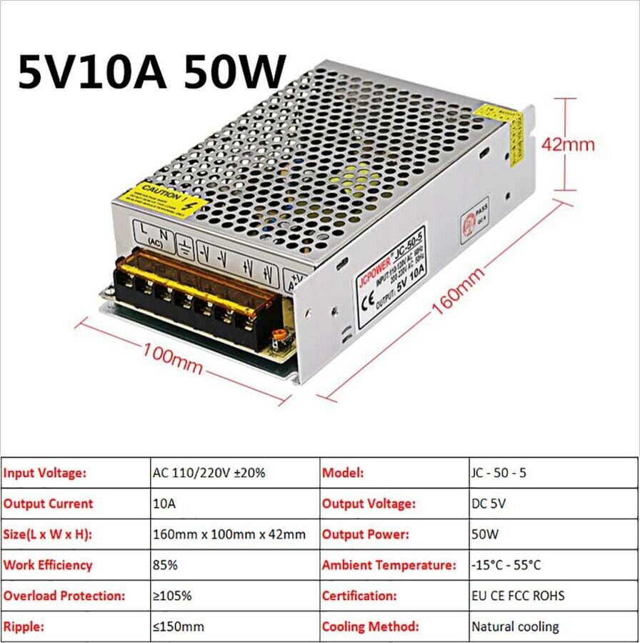 5V 10A 50W DC Regulated Switching Power Supply PSU Transformer LED Strip Driver