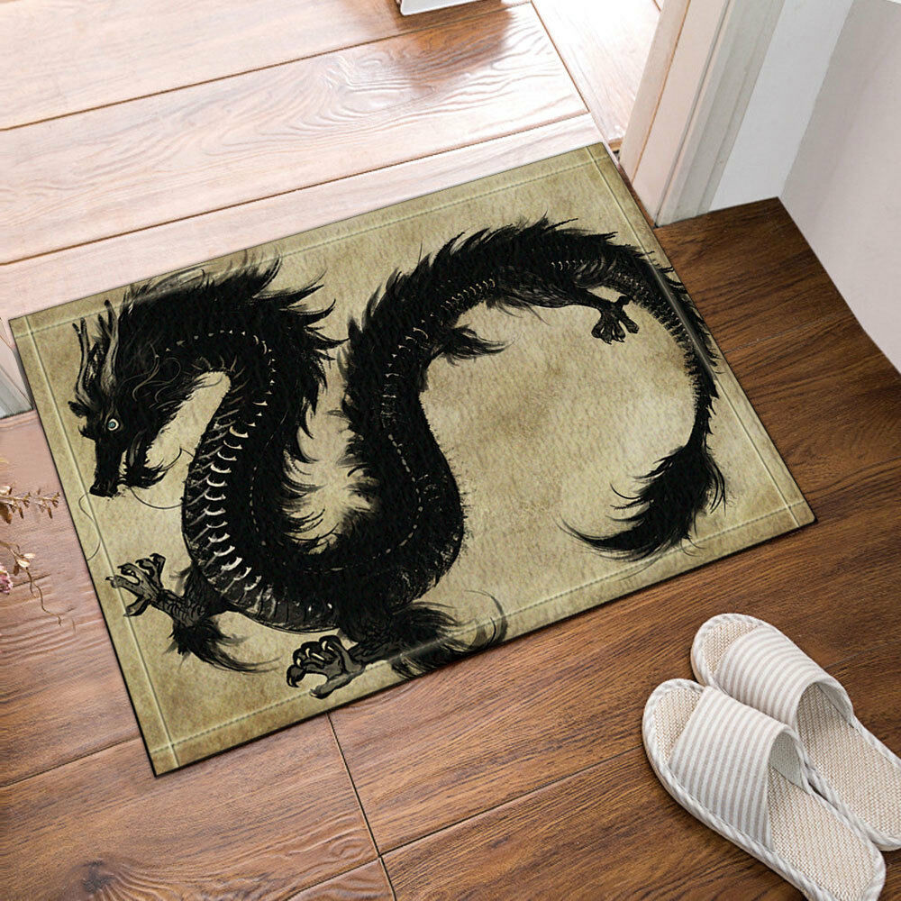 Black Dragon Bath Rugs Non-Slip Floor Entryways Outdoor Indoor Front Door Mat