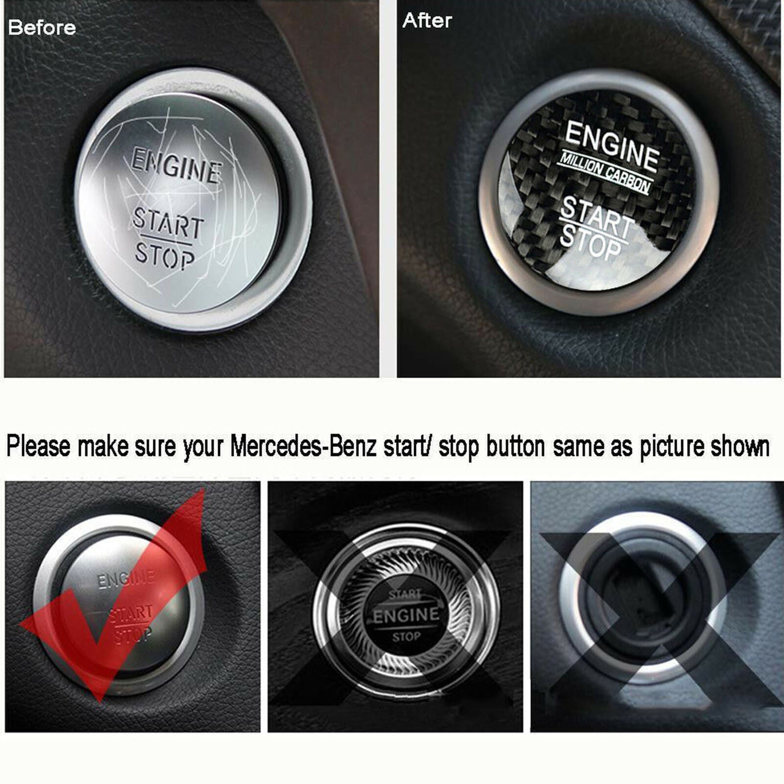 Black Carbon Fiber Engine Start Stop Button Cover Cap Trim For Mercedes-Benz