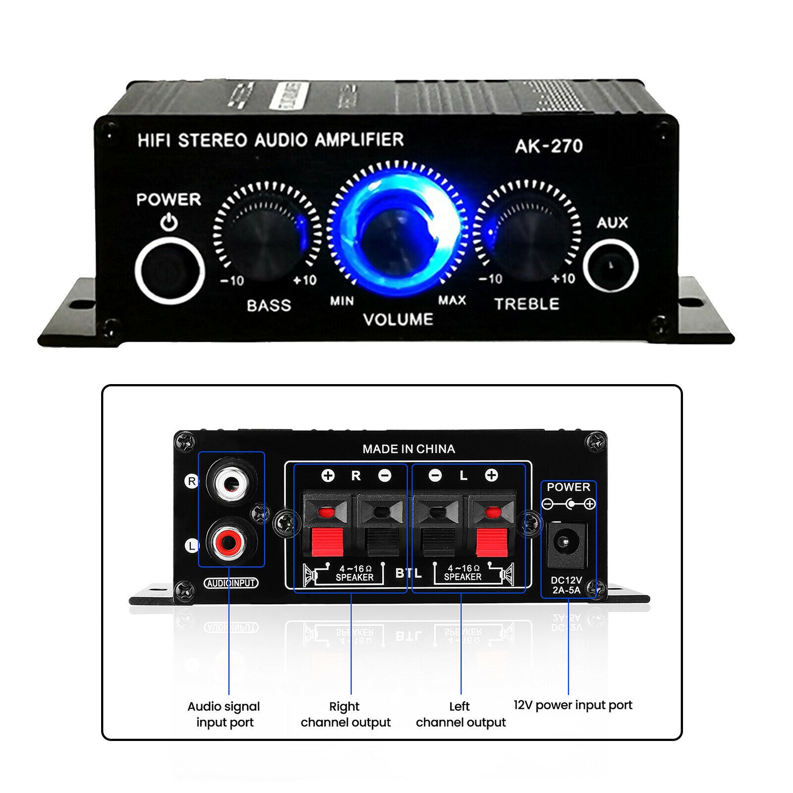 Audio Stereo Amplifier Bass Treble Input Speakers for Desktops Bedrooms Home