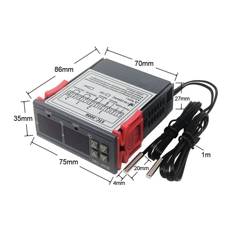 STC-3008 Dual Digital Incubator Thermostat Display Temperature Controller 12V T2