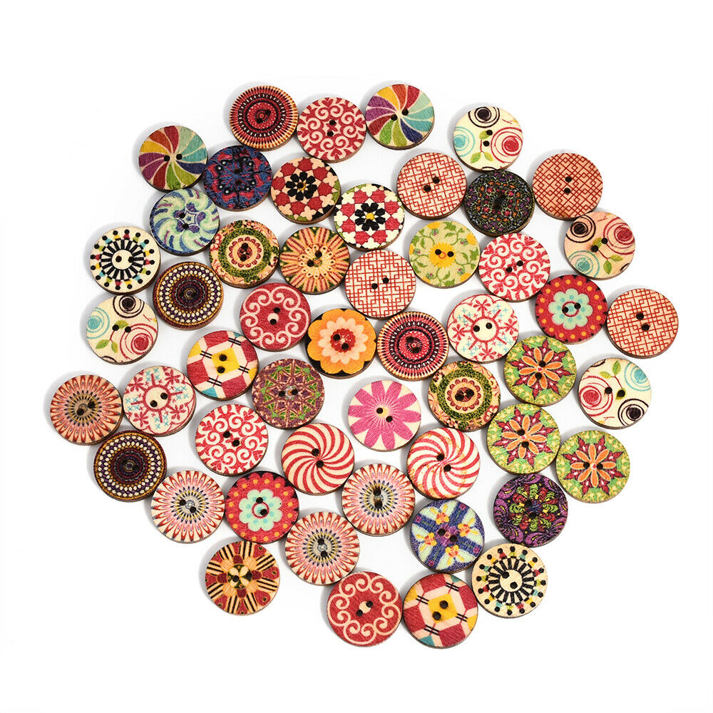 50pcs Mixed Retro Wood Handmade 2 Holes Wooden Button Sewing Scrapbooking Lots