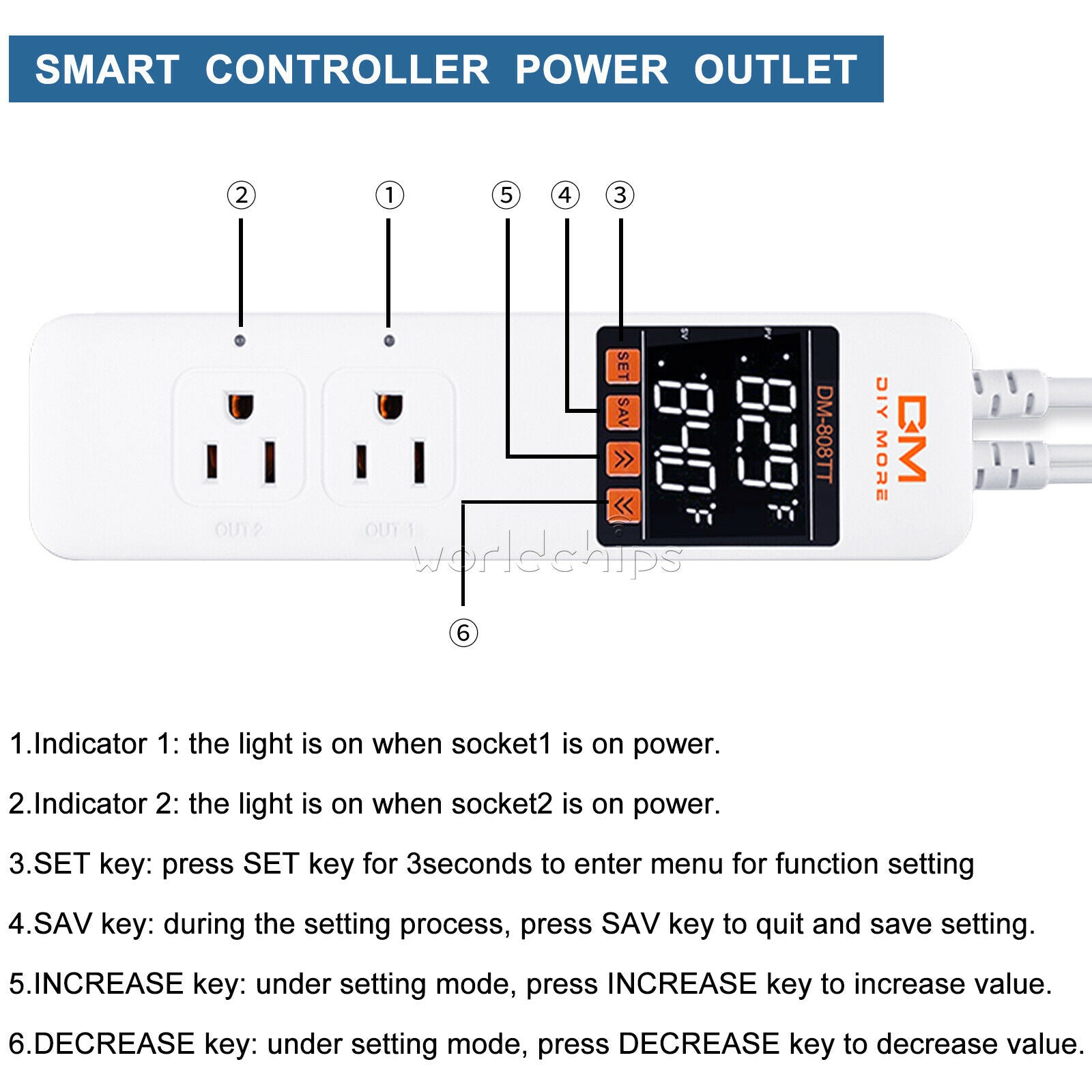 DM-808TT AC85-250V 10A Dual Digital Temperature Controller Control Power Socket