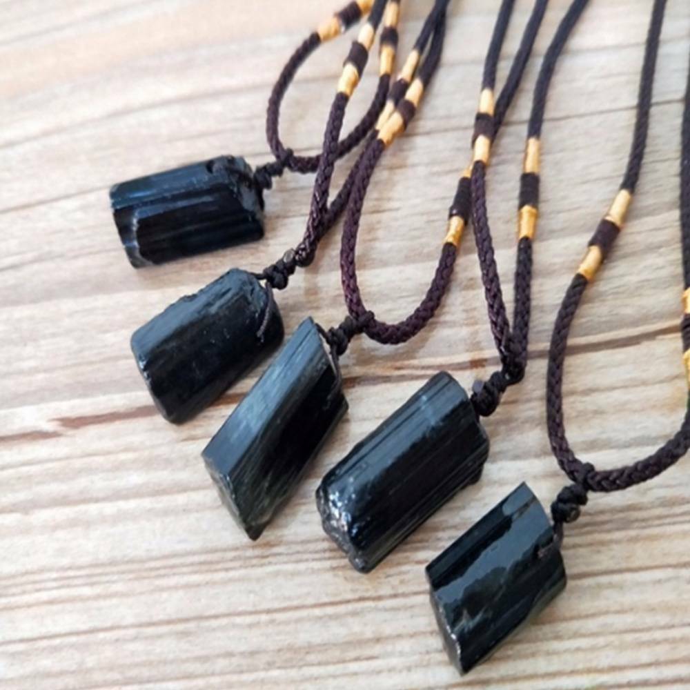 2021_Natural Black Tourmaline Stone Pendant Chakra Necklace Crystal Gem Specimen