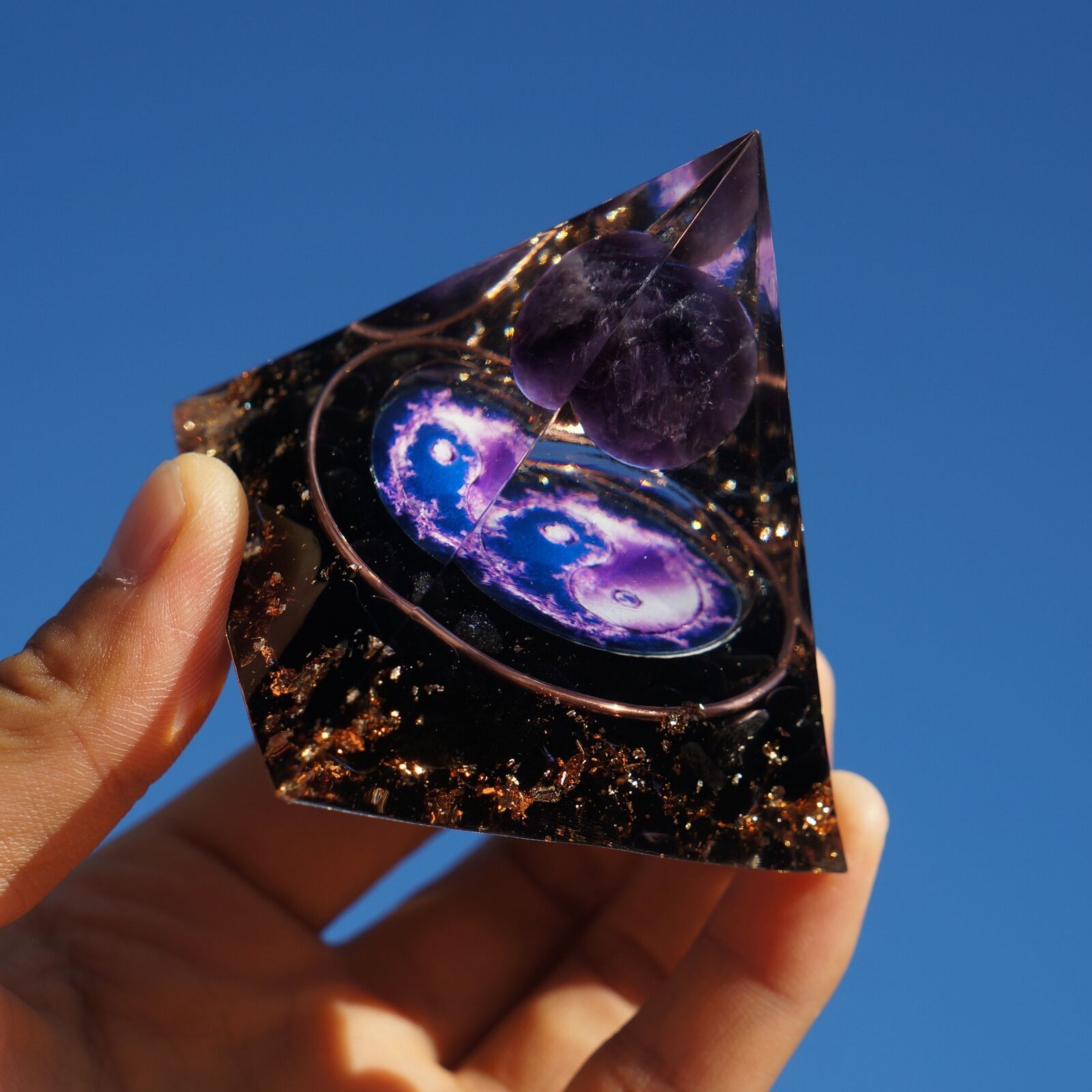 Amethyst Crystal Sphere Orgonite Pyramid with Obsidian Chakra Energy Orgone-US