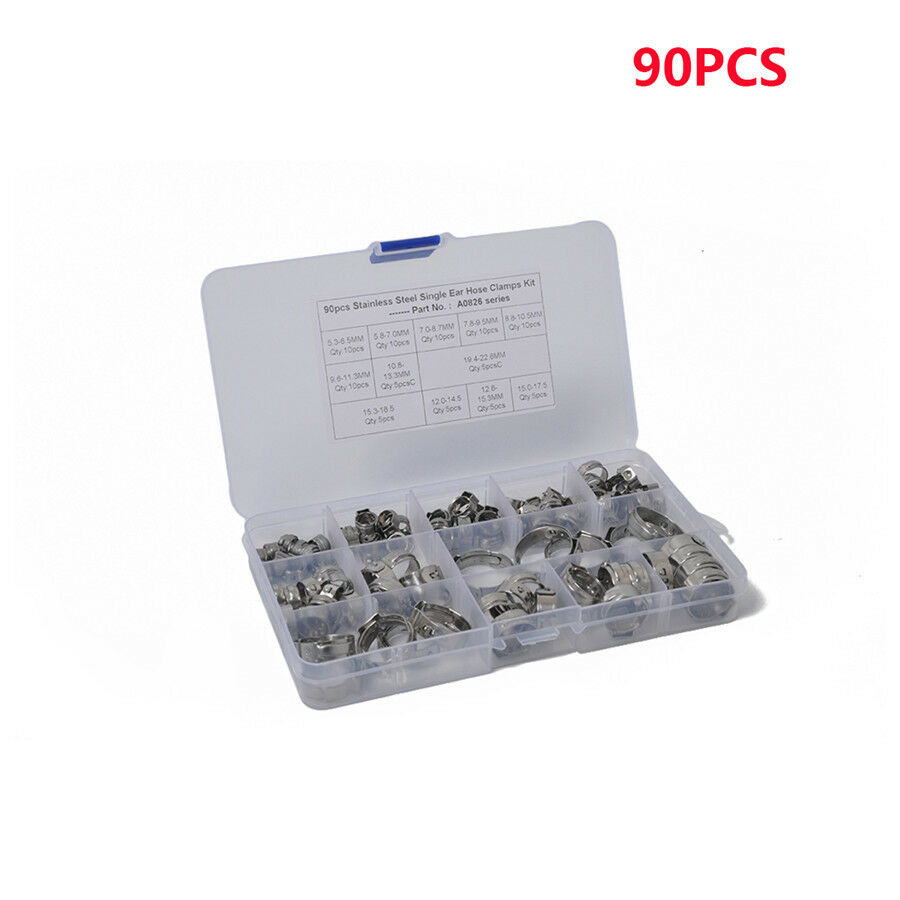 90pc Single Ear Plus Stainless Steel Hydraulic Hose Clamps O-Clips Pipe Fuel Air