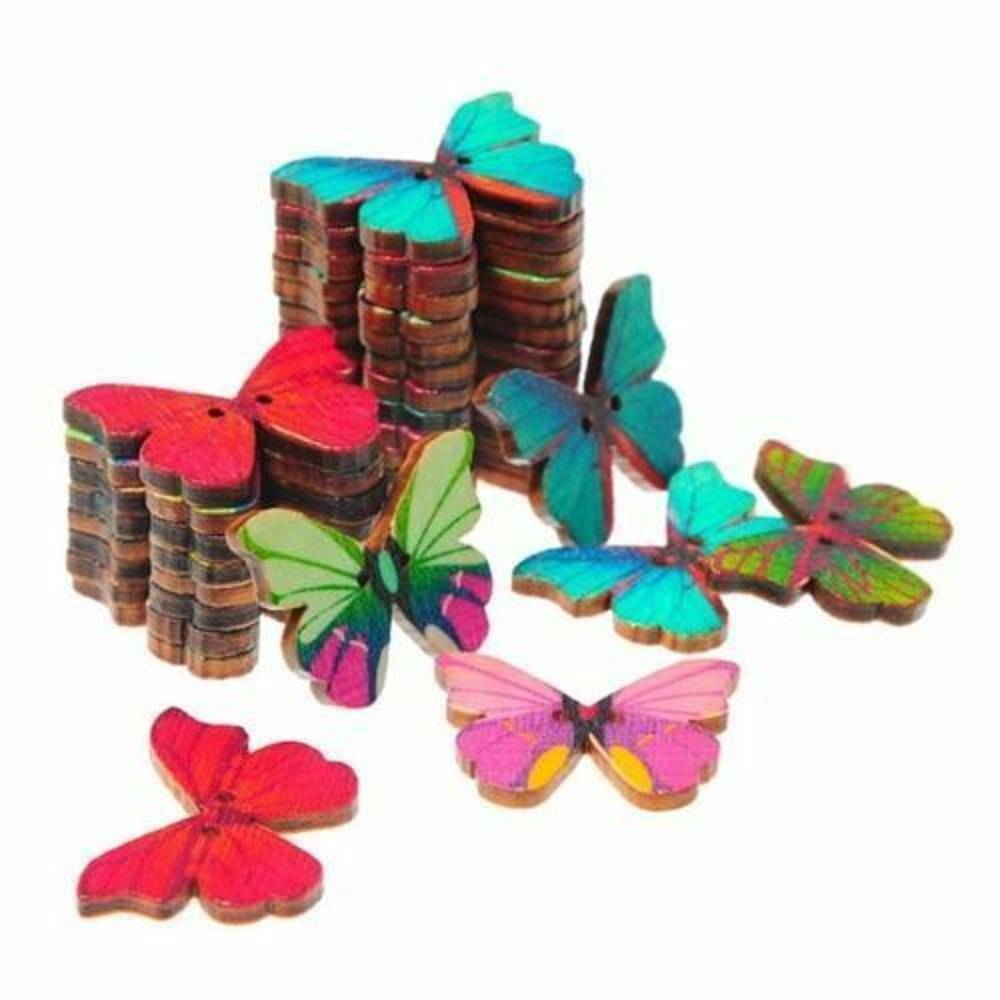 100* DIY 2 Holes Mixed Butterfly Shape Wooden Sewing Mend Scrapbooking Buttons~