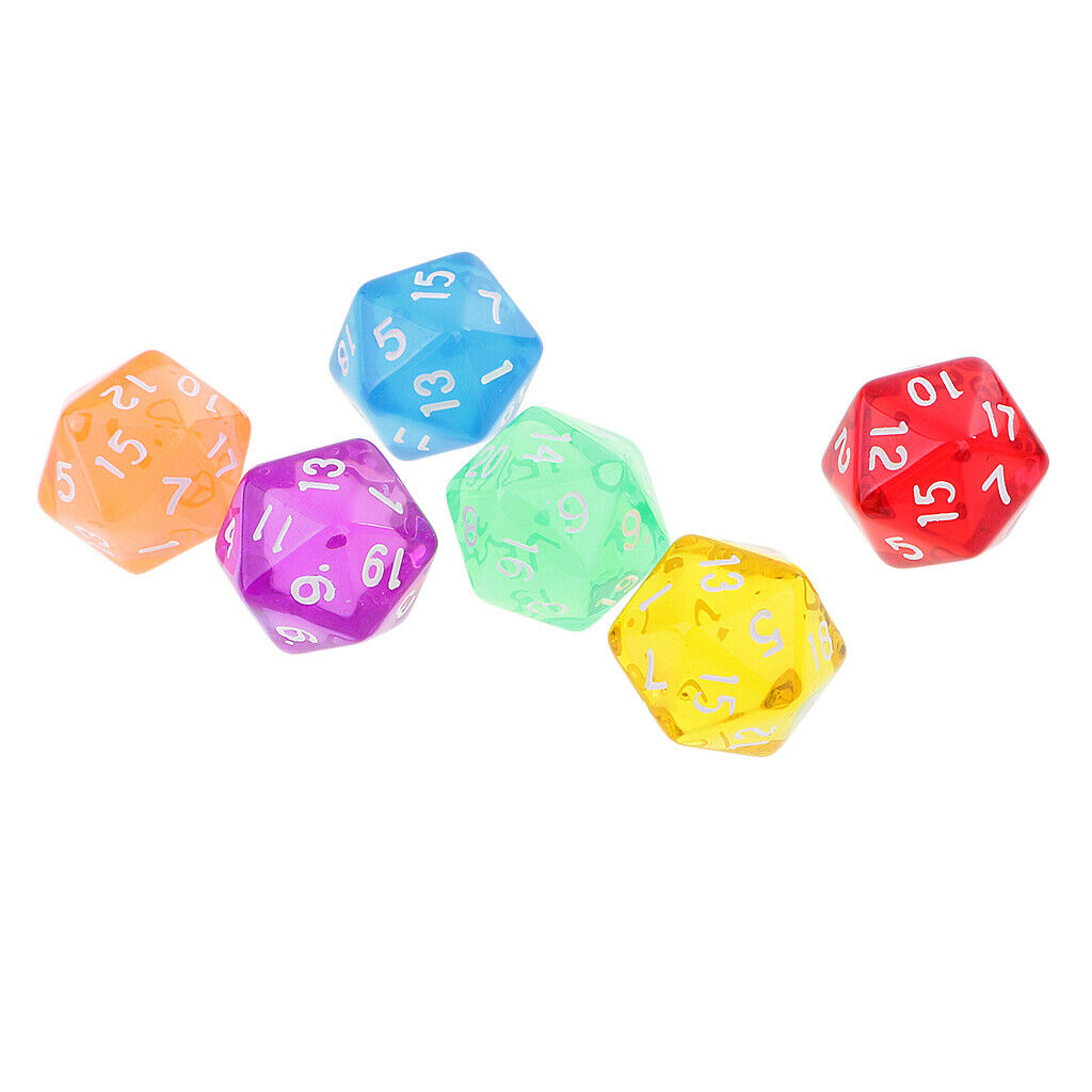 6pcs 20 Sided D20 Clear Colorful Dice for Playing  D&D RPG