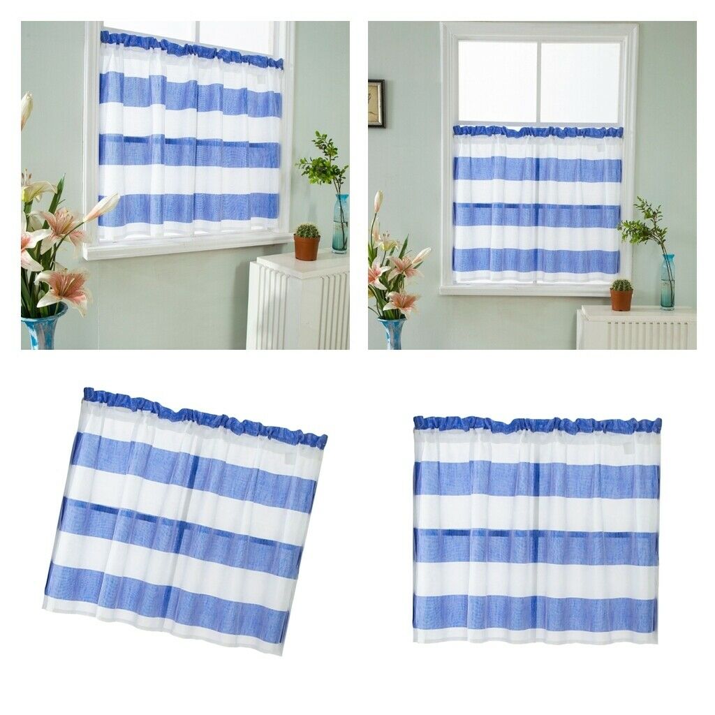 2pcs Short Window Tiers Balcony Window Drape Shade Curtain Blue Curtains