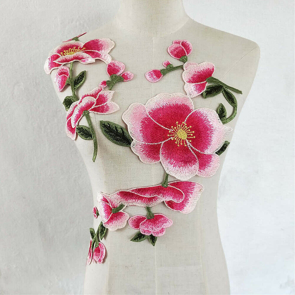 2X Embroidered Patches Peach Blossom Sew on Collar Applique Clothing Badge Decor