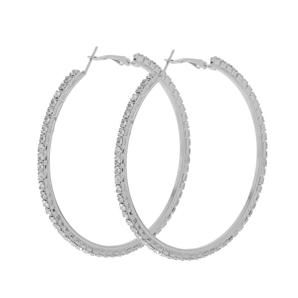 Women Girls Crystal Alloy Smooth Big Large Round Hoop Earrings 80mm 2Pairs