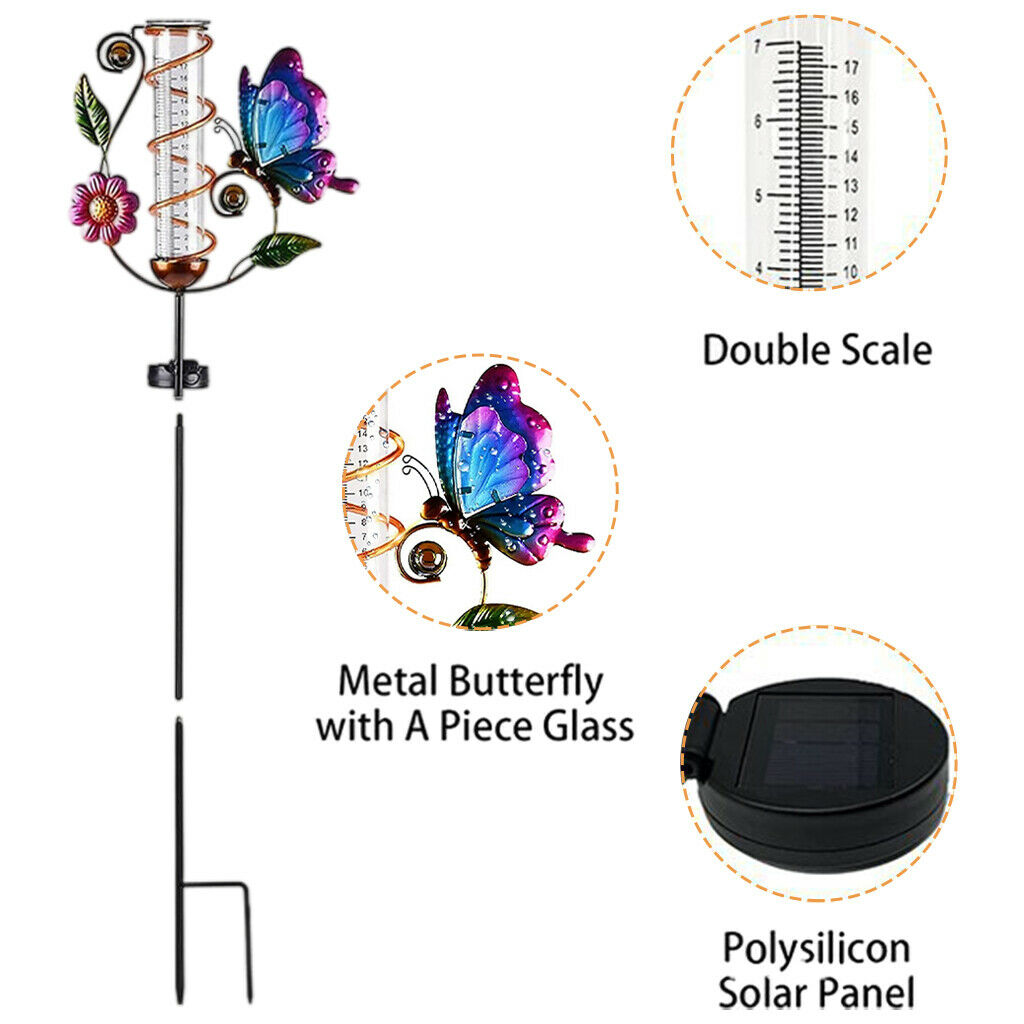 Rain Gauge Butterfly Garden Stakes Decor Glow in Dark Metal Yard Art Outdoor