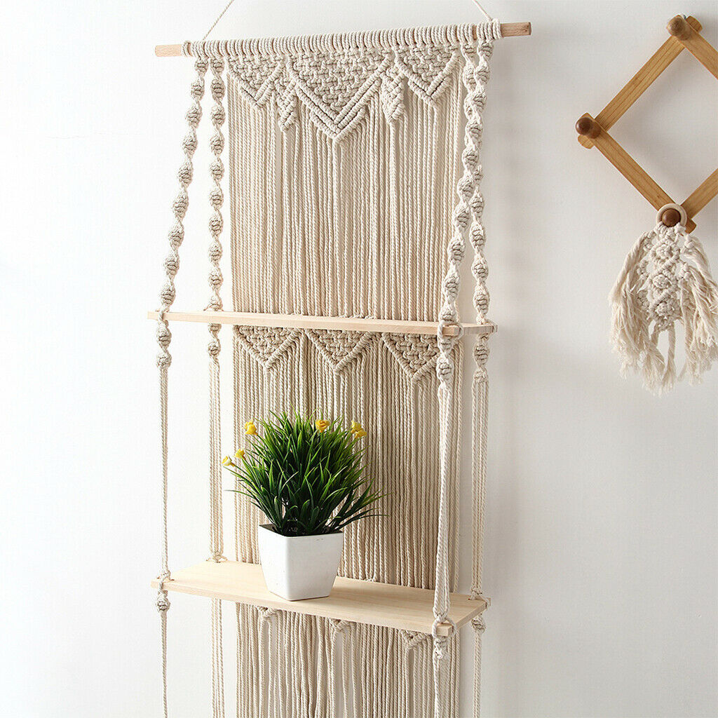 Handwoven Tapestry Macrame Wall Hanging Shelf Decor 3 Tiers Home Storage