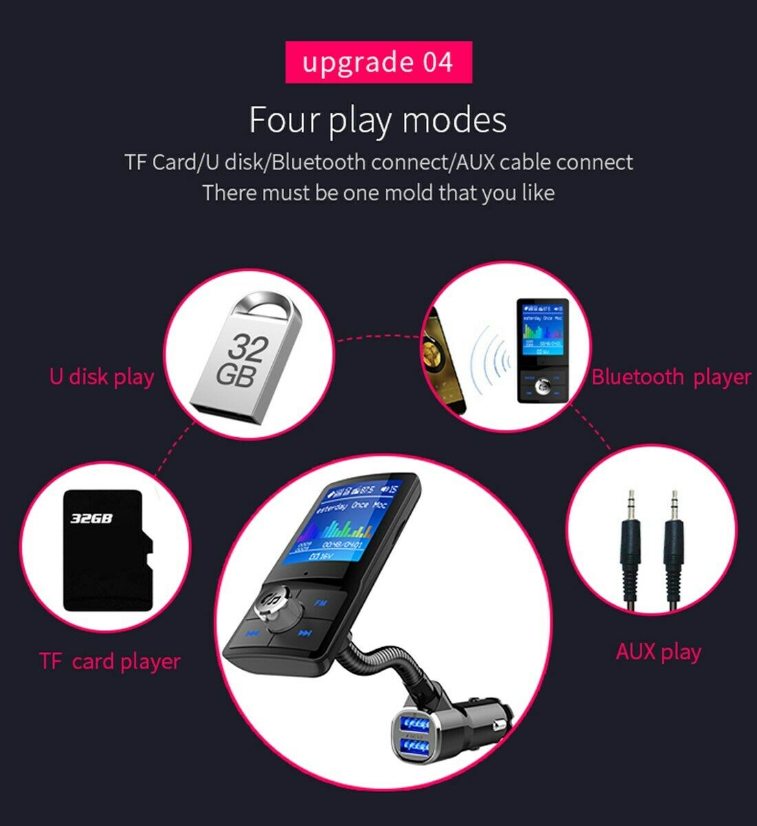 1.8Inch FM Transmitter Bluetooth Receiver Car Wireless MP3 Audio Adapter 2USB CA