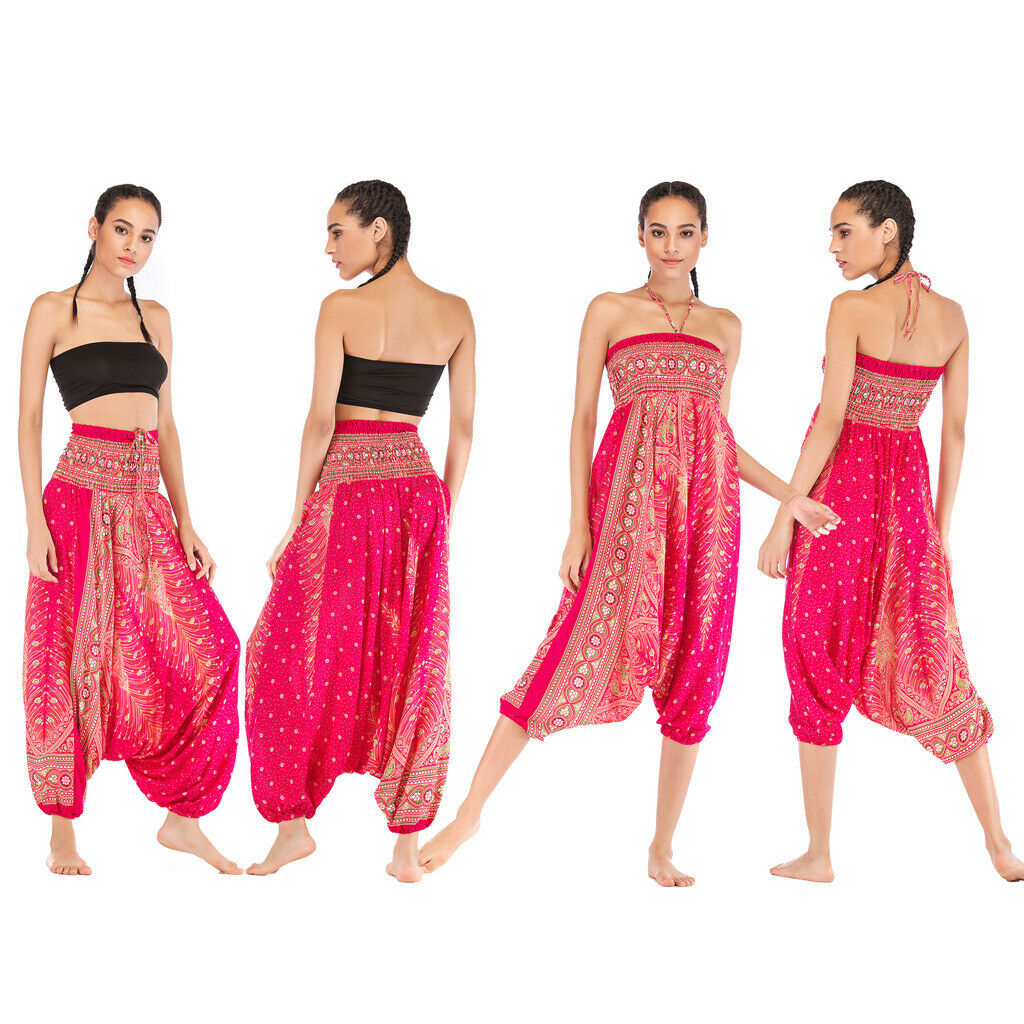 Women's Floral Print Harem Pants Boho Yoga Pants Long Beach Pants Pink