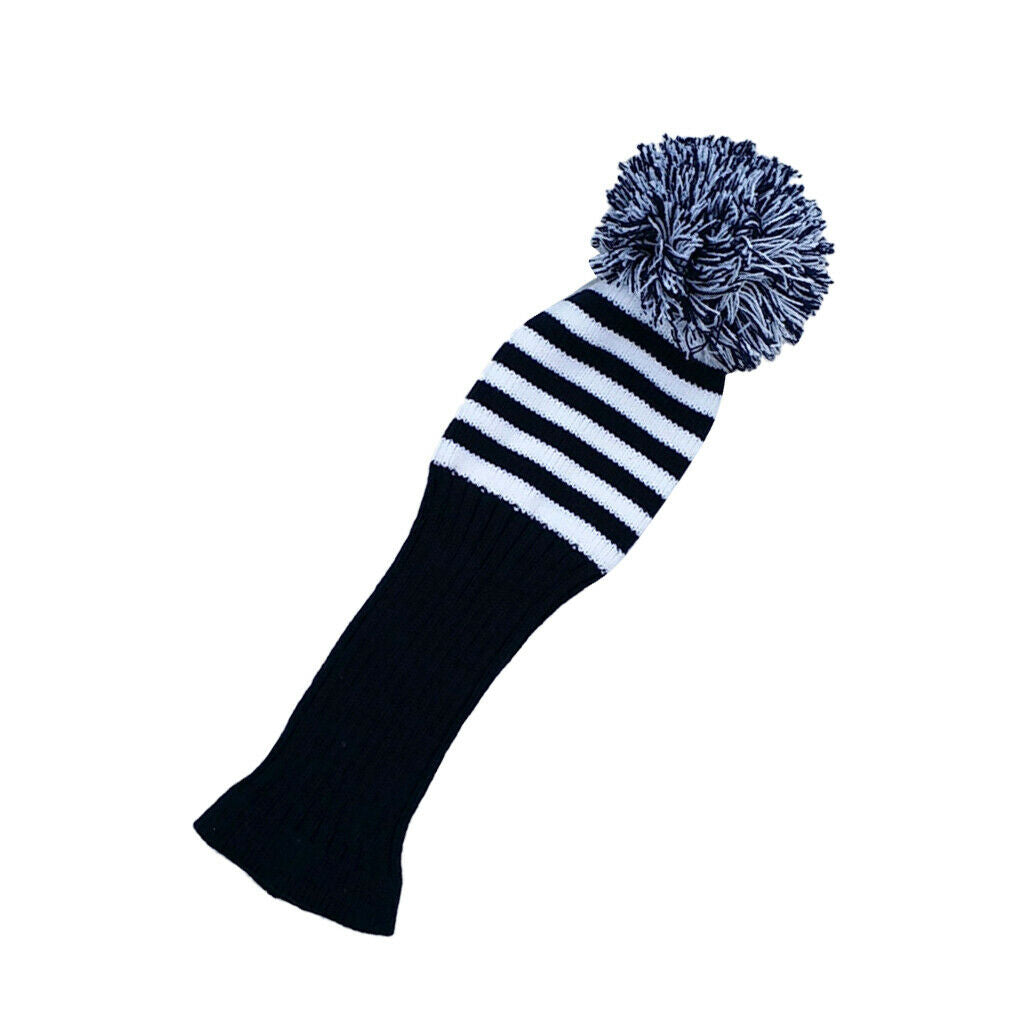 Hand Knit White Stripes Golf Club Cover Golf Pom Pom Socks Golf Accessories