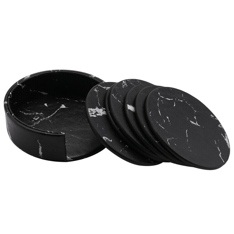 Coasters for Drinks 6-Piece with Holder,Marble Black Round Cup Mat Pad Set Of T2
