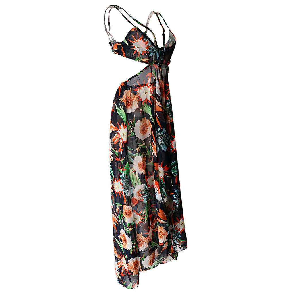 Women's Split Floral Spaghetti Strap Beach Party Maxi Dress M Orange Black