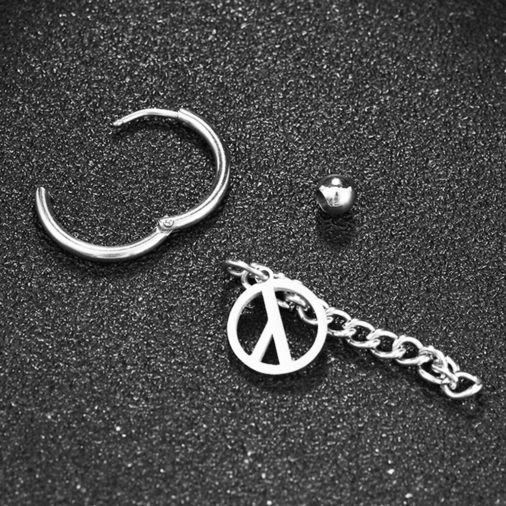 Stainless Steel Hip Hop Peace Long Dangle Earrings Hoop Studs Piecred